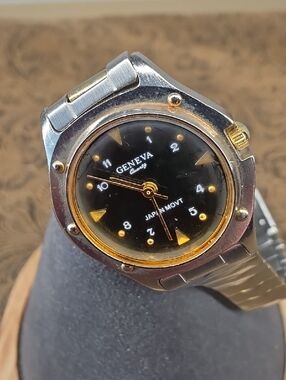 Geneva Two-Tone Black Dial Watch with Gold Accents